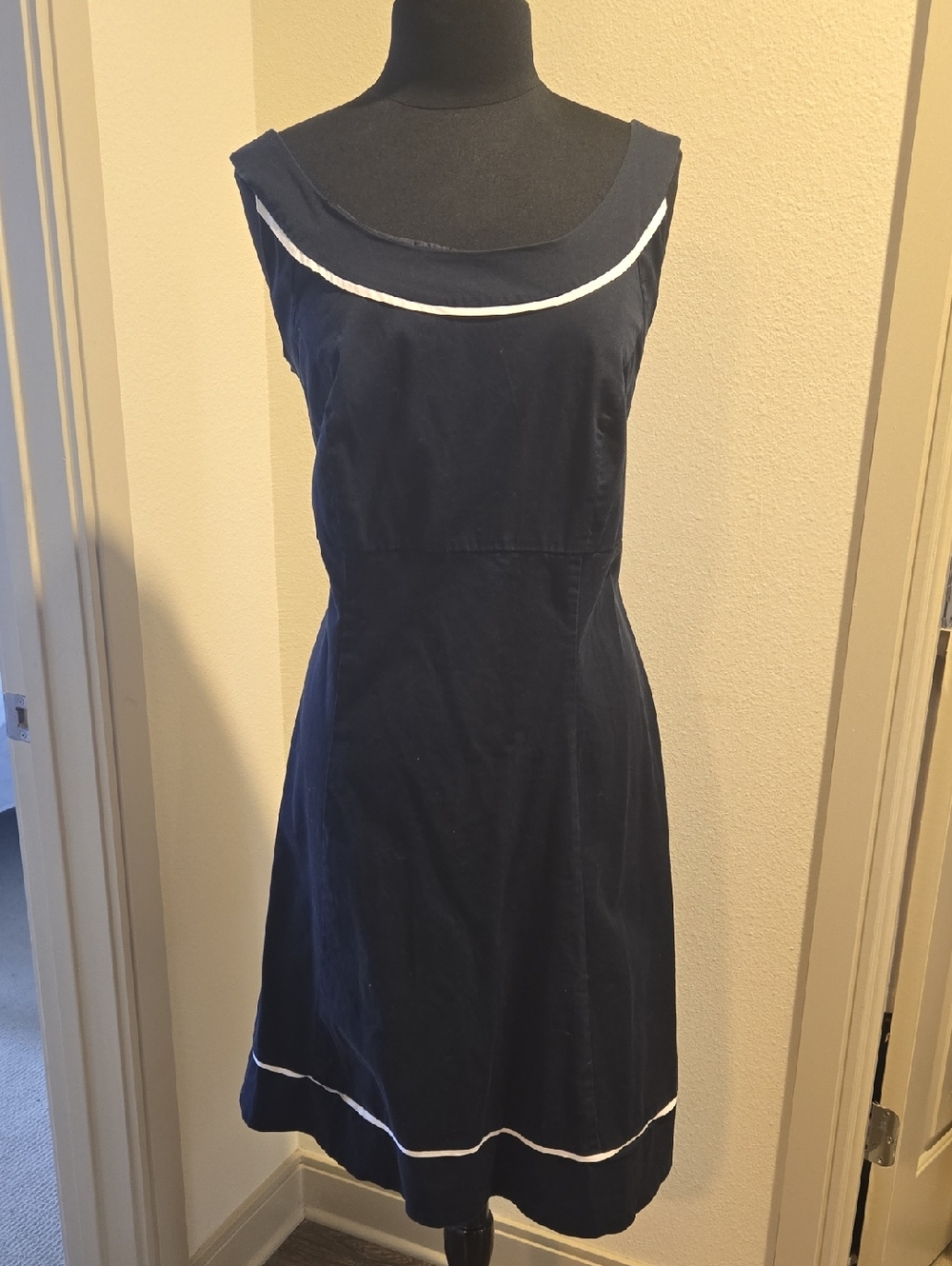 Navy Sleeveless A-Line Dress with White Trim